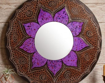 Wood Sun Mirror Wall Decor 15.7in Round Boho Mandala Mirror Art