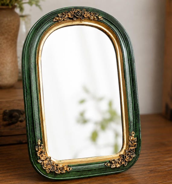 30 cm Vintage Wandspiegel, Barock Spiegel, Grün Gold Spiegel, Dekorativer Wandspiegel, Spiegel im antiken Stil