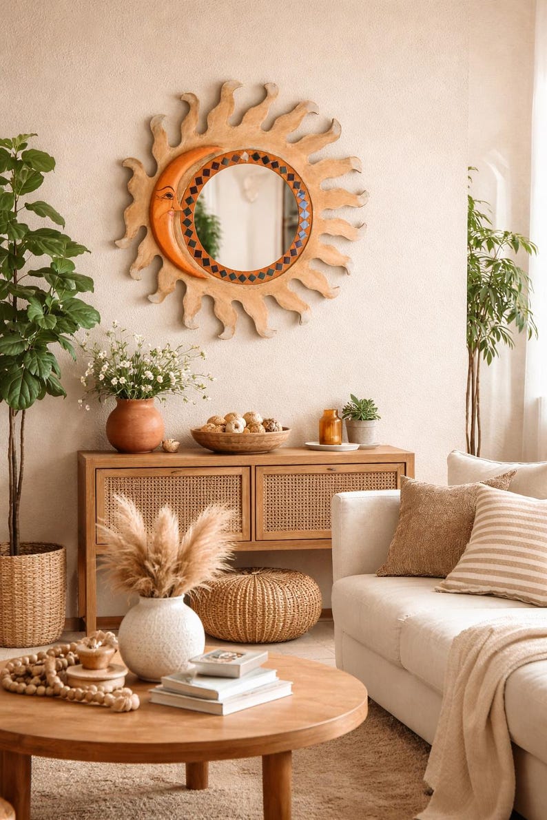 Sun and Moon Mosaic Wall Mirror 24 In, Large Round Decorative Mirror ...