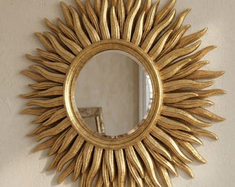 Specchio a raggiera in legno dorato da 24 pollici, decorazione murale a forma di sole, grande specchio rotondo, legno intagliato a mano, specchio dorato, specchio a raggiera, stile moderno di metà secolo