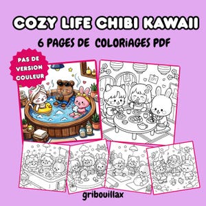 Przytulne życie Chibi Kawaii | 6 kolorowanek PDF do pobrania | Urocze zwierzęta do relaksu / kojących chwil relaksu | Przytulne kolorowanki kawaii