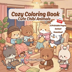 Libro para colorear de animales adorables y acogedores en formato PDF, estilo Kawaii, fácil de imprimir, con líneas gruesas y descarga digital instantánea.