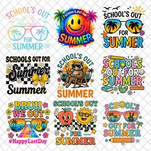 May include: A collection of nine colorful graphic designs with the text "School's Out For Summer". Each design features summer-themed elements like sunglasses, palm trees, smiley faces, and beach scenes. The designs are vibrant and playful.