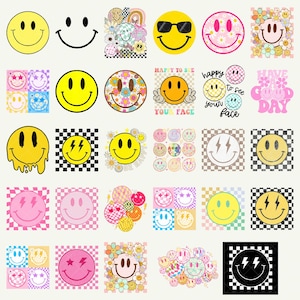 May include: A collection of various smiley face designs in yellow, pink, and other colors. Some smileys have sunglasses, flowers, or lightning bolts. Text includes "HAPPY TO SEE YOUR FACE" and "HAVE A GOOD DAY".