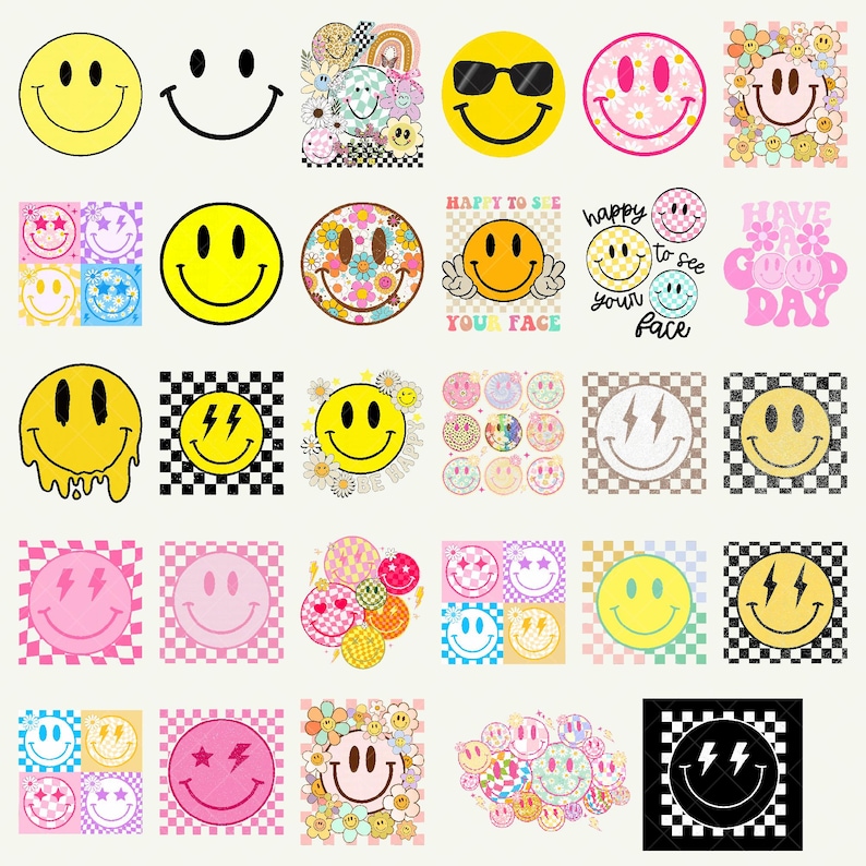 May include: A collection of various smiley face designs in yellow, pink, and other colors. Some smileys have sunglasses, flowers, or lightning bolts. Text includes "HAPPY TO SEE YOUR FACE" and "HAVE A GOOD DAY".