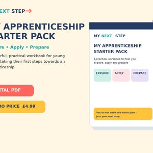 May include: A digital workbook titled My Apprenticeship Starter Pack with sections labeled Explore, Apply, and Prepare. The design features a light cream background, dark blue text, and colorful rectangular buttons in coral, mint, pink, and yellow.
