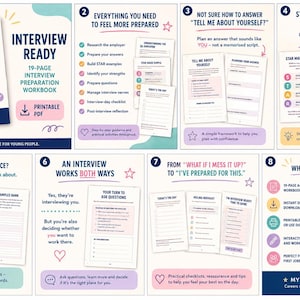 Peut inclure: Un cahier d'exercices numérique de 19 pages intitulé Interview Ready, comprenant des sections sur la recherche, des exemples de méthode STAR, des questions d'entretien et des feuilles de travail. Le document inclut des pages imprimables avec des listes de contrôle et des conseils.
