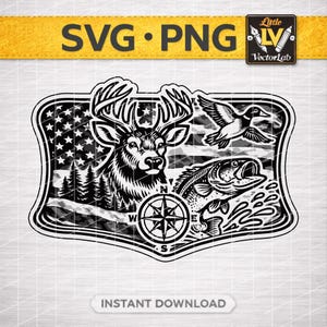 Może przedstawiać: Czarno-biała grafika przedstawiająca jelenia, kaczkę i rybę, z tłem amerykańskiej flagi i kompasem. Projekt zawiera tekst "SVG • PNG" i "INSTANT DOWNLOAD".