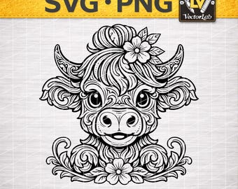 Highland Cow Floral SVG, Tooled Leather Cow Head PNG, Cute Cowgirl Western Design Cricut File, Farm Animal Graphic