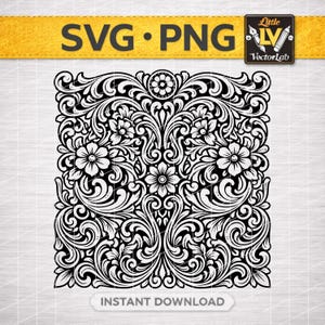 Può includere: Design floreale in bianco e nero con il testo "SVG • PNG" su uno striscione giallo. Il design presenta intricati motivi floreali e le parole "DOWNLOAD IMMEDIATO". Un logo "Little VectorLab" si trova in alto a destra.