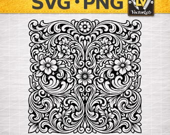 May include: Black and white floral design with the text "SVG • PNG" on a yellow banner. The design features intricate floral patterns and the words "INSTANT DOWNLOAD". A logo for "Little VectorLab" is in the upper right corner.