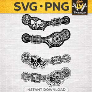 Könnte beinhalten: Schwarz-weiße Vektorgrafiken von dekorativen Lederriemen mit Blumen- und Schnallendesigns. Zwei Riemen zeigen eine Schleife und zwei zeigen einen Bullenschädel. Der Text "SVG • PNG" und "SOFORTIGER DOWNLOAD" sind sichtbar.