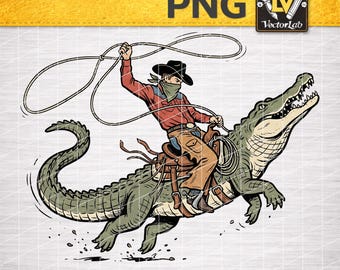 Cowboy Riding Alligator PNG | Funny Western Gator Rodeo Sublimation | Florida Swamp Humor Shirt Design | Retro Country Digital Download