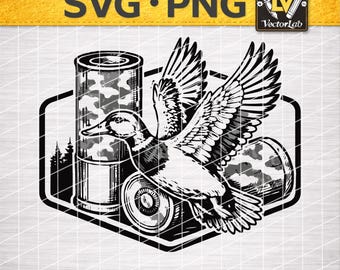 Flying Mallard Duck SVG PNG, Camo Shotgun Shells Duck Hunting Design, Waterfowl Southern Camo Laser Engrave Hat Patch Cut File