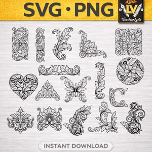 May include: A collection of black and white digital vector illustrations featuring intricate acanthus leaf scrollwork, floral motifs, a heart, a butterfly, and geometric shapes. The top banner displays SVG PNG and the Little VectorLab logo.