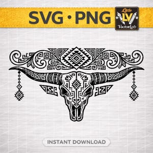 May include: Black and white graphic of a bull skull with intricate geometric patterns. The design includes horns, decorative elements, and the text "SVG • PNG" and "INSTANT DOWNLOAD". The image has a southwestern or tribal theme.