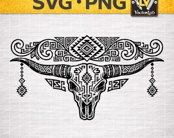 Aztec Tooled Longhorn SVG | Sheridan Style Leather Engrave PNG | Southwestern Tribal Skull Cut File | Western Leathercraft | Cow Skull DXF