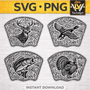 Op de afbeelding: Zwart-wit SVG- en PNG-digitale kunst met een hert, een eend, een vis en een kalkoen, elk in een decoratief waaiervormig frame. De afbeeldingen zijn gedetailleerde illustraties met de tekst "SVG • PNG" en "DIRECT DOWNLOADEN".