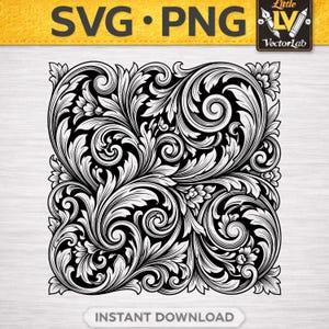 Barok sierlijk krulwerk SVG DXF PNG | Geometrisch patroon met stippeltechniek | Gedetailleerd krulontwerp, lasergesneden met Glowforge | Downloadbestand