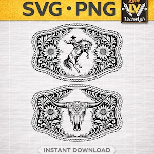 May include: Black and white SVG and PNG digital art featuring two belt buckle designs. The top design shows a cowboy riding a bucking bronco, and the bottom design features a bull skull. Both designs have floral and rope-like borders.