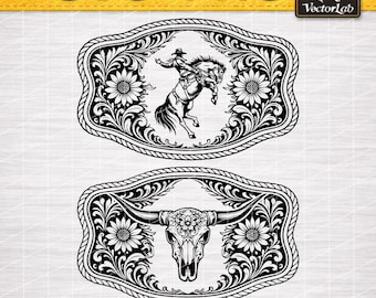 Western Belt Buckle Longhorn Skull SVG PNG, Cowboy Cowgirl Floral Scrollwork Tooled Leather Design, Laser Engraving Hat Patch File