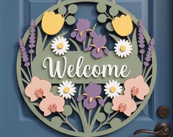 Floral Welcome Sign SVG | Round Door dxf | Daisy Lavender Tulip | Spring Summer Farmhouse Cut File | Multi Layer Laser DIGITAL DOWNLOAD