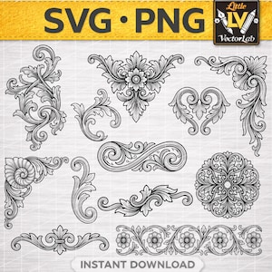 May include: Black and white vector graphics of ornate floral and scroll designs. Includes corner pieces, borders, and central motifs. The text "SVG PNG" and "INSTANT DOWNLOAD" are visible.