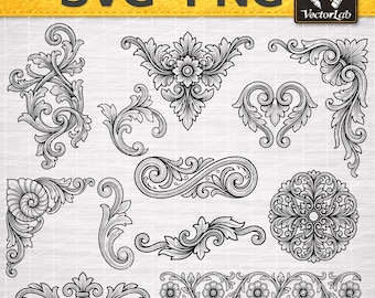 Ornamental Flourish Scrollwork SVG Bundle, Leather Tooling Floral Designs, Vintage Engraving Patterns, PNG DXF, Cricut Laser Files