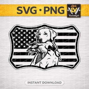 May include: Black and white graphic of a Labrador Retriever holding a duck, set against an American flag background. The image includes the text "SVG • PNG" and "INSTANT DOWNLOAD". A logo for VectorLab is in the upper right corner.
