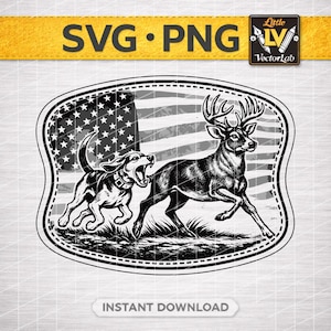 May include: Black and white graphic of a deer running with a dog in front of an American flag. The image includes the text "SVG PNG" and "Instant Download".