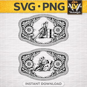 May include: Black and white vector graphics of two belt buckle designs. The top design features a rodeo rider on a horse, racing around a barrel. The bottom design shows a cowboy roping a steer. Both designs have floral and rope-like borders.