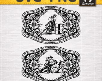 Barrel Racer Cowgirl & Cowboy Roper SVG PNG Bundle, Western Rodeo Tooled Leather Belt Buckle Hat Patch Cut File
