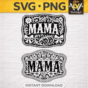 May include: Two black and white decorative belt buckle designs with the word "MAMA" in bold letters. The buckles feature floral and scrollwork patterns, with a rectangular shape and a decorative border. The top buckle has a bow design.