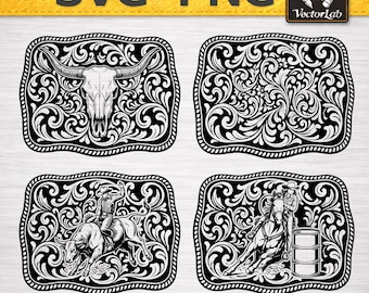 Rodeo Belt Buckle SVG Bundle | Barrel Racer Bull Rider Longhorn | Tooled Leather Patch PNG | Western Cowboy Design | Laser Engrave Cut File