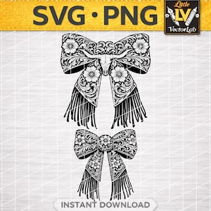 May include: Black and white SVG and PNG digital files featuring two decorative bow designs. The bows have intricate floral and scroll patterns, with fringe details. The top bow includes a steer skull. The text "SVG • PNG" and "INSTANT DOWNLOAD" are visible.