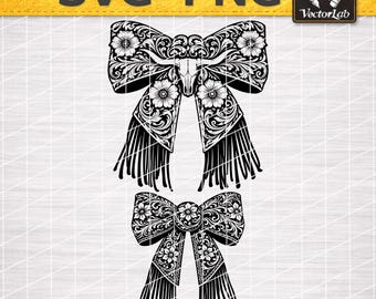 Western Floral Cowgirl Bow SVG PNG Bundle, Longhorn Skull Tooled Leather Fringe Bow Design, Coquette Western Cut File