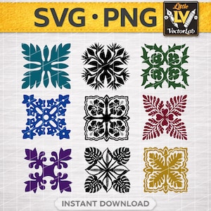Pode incluir: Uma coleção digital de nove designs gráficos quadrados com padrões botânicos e florais simétricos em azul-petróleo, preto, verde-escuro, azul, bordô, roxo e dourado. O texto SVG PNG e Little VectorLab é visível no topo e na base.