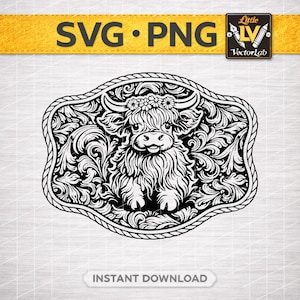 May include: Black and white SVG and PNG digital download of a Highland cow belt buckle design. The design features a detailed illustration of a Highland cow with floral accents, surrounded by ornate scrollwork. The text "SVG • PNG" is displayed at the top.