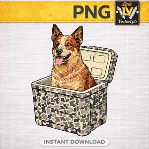May include: A digital illustration of a red and white Australian Cattle Dog sitting inside a camouflage-patterned cooler. The dog has its tongue out. The image includes the text "PNG" and "INSTANT DOWNLOAD".