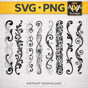 May include: A collection of eight black vertical scrollwork designs featuring intricate floral and leaf patterns. The image includes text at the top reading SVG PNG and Little VectorLab, with the text INSTANT DOWNLOAD at the bottom.