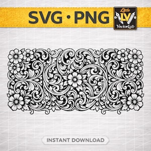以下が含まれることがあります： 黄色いバナーに「SVG • PNG」の文字が入った、白黒の花柄スクロールデザイン。画像には「INSTANT DOWNLOAD」の文字とLittle VectorLabのロゴも含まれています。