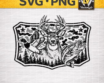 Hunting SVG PNG | Deer Duck Bird Fishing Hook | Outdoor Sportsman Camouflage Laser Engraving Leather Hat Patch Vector Logo Cut File
