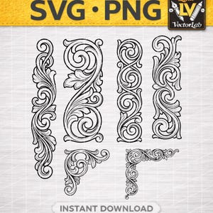 Bordure ornementale à volutes SVG | Cadre baroque découpé au laser DXF | Ensemble de bordures filigranées PNG | Fichier de découpe pour cadre élégant | Ornement vintage | Cricut