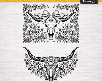 Tooled Leather Longhorn Skull Coquette Bow SVG PNG Dxf, Sheridan Style Carving Tooling Pattern, Western Leathercraft Cut File