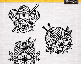 Floral Yarn Ball SVG | Crochet Flower DXF | Knitting Lover PNG | Fiber Arts Cut File | Weaver Silhouette Vector | Cricut Craft Room