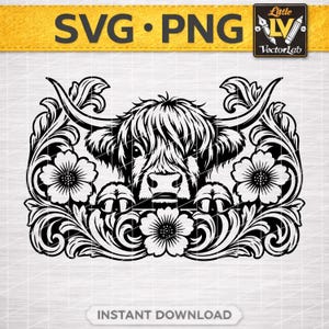 May include: A black and white digital graphic illustration featuring a Highland cow head centered within an ornate floral frame. The design includes swirling filigree patterns and three prominent flowers, with the text Little LV VectorLab.