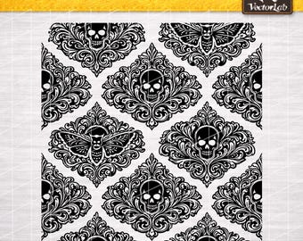 Naadloos gotisch schedel- en motpatroon | Schedeldamast digitaal papier | Herhalende gotische achtergrond SVG PNG Jpj DXF pdf
