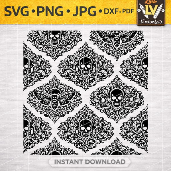 Gothic Skull and Moth Seamless Pattern | Skull Damask Digital Paper | Repeating Gothic Background SVG PNG Jpj DXF pdf