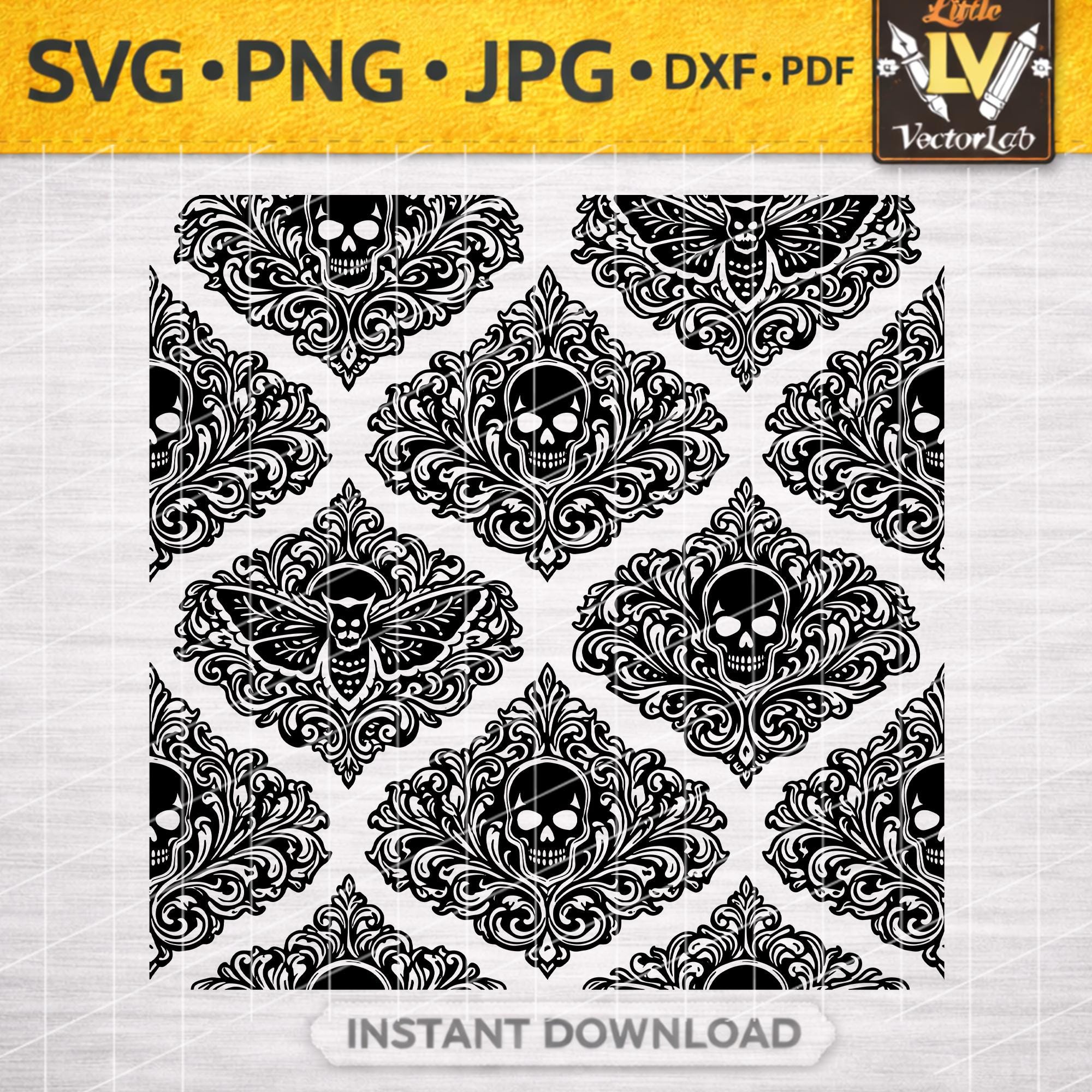 Gothic Skull and Moth Seamless Pattern | Skull Damask Digital Paper ...