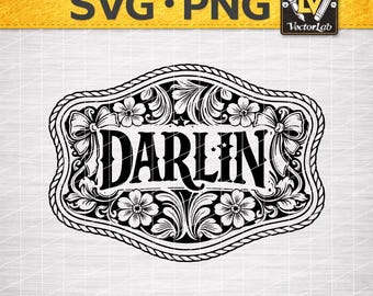 Darlin Cowgirl Floral SVG PNG / Parche de lazo estilo coqueta occidental / Hebilla de cinturón estilo vintage / Clipart de flores de vaquera retro / Silueta de Cricut